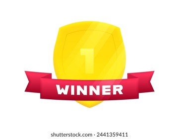 Winner badge with red ribbon and shield. 1st place on competition or championship. Design concept of winning, first place, awards, success, prize place. Vector illustration in 3d style.