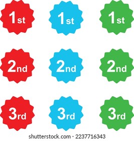 winner badges for first, second, and third places. 1st, 2nd and 3d prizes in competition. ranking three, number icon set