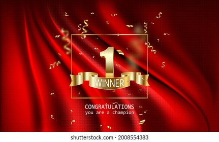 Winner banner. 1 place in competition. Shining golden number one with red ribbon and winner text, falling confetti. Winning in contest, game, lottery or championship vector illustration.