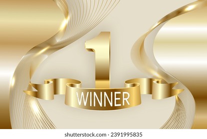 Winner banner. 1 place in competition. Shining golden number one with golden ribbon and winner text, falling confetti. Winning in contest, game, lottery or championship vector illustration.