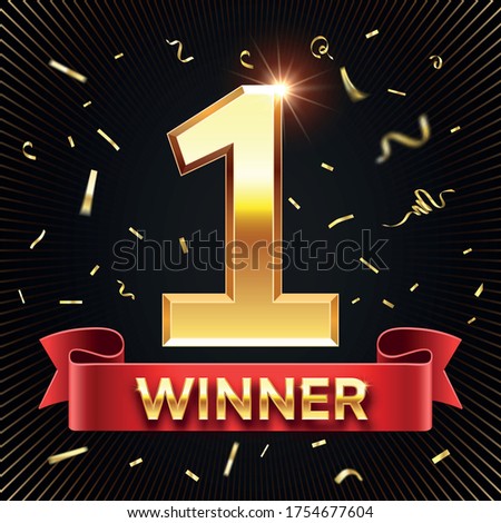 Winner banner. 1 place in competition. Shining golden number one with red ribbon and winner text, falling confetti. Winning in contest, game, lottery or championship vector illustration.