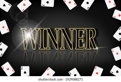 Winner banner. Frame from aces of hearts, tambourine, clubs and spades on a black background. Vector illustration for casino apps and websites