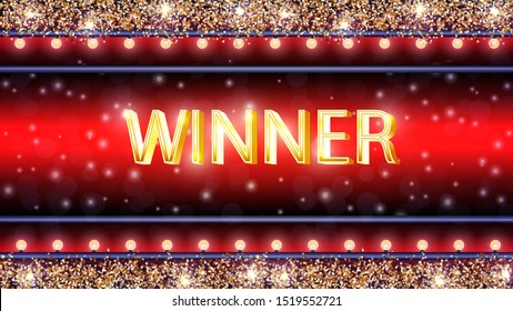 Winner banner with glowing garland and glowing sparkles on red Background with rectangular frame.  