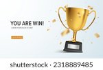Winner banner. Gold realistic trophy cup with confetti. Vector award nomination background.