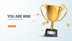 Winner Banner. Gold Realistic Trophy Cup With Confetti. Vector Award Nomination Background.
