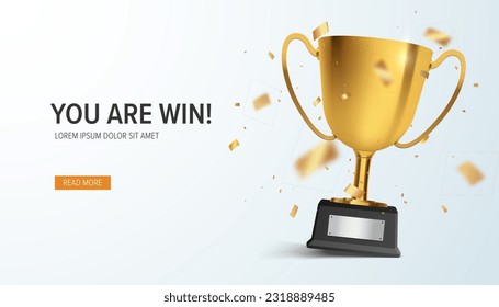 Cartel del ganador. Copa trofeo realista de oro con confetti. Antecedentes de la nominación del premio del vector.