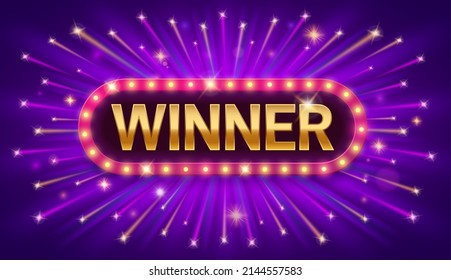 Winner banner. Lucky lottery, big win concept. Lighting frame with lights, celebration with prize in game. Sign board show and stars, exact vector background