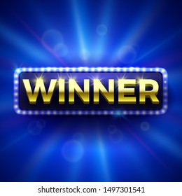 Winner banner with neon lights on blue background. Vector illustration.
