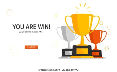 Winner banner. Podium with trophy cups. Vector award nomination background.