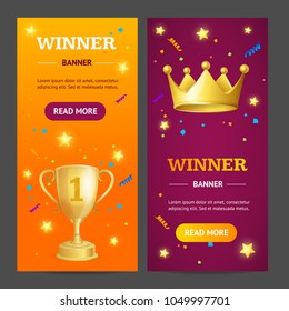 Winner Banner Realistic Detailed 3d Vecrtical Set Symbol of Success Include of Golden Crown. Vector illustration of Banners