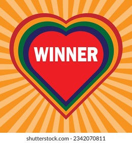 Winner banner. Red heart with inscription WINNER on orange rays background. Winners lottery game jackpot prize logo vector background illustration