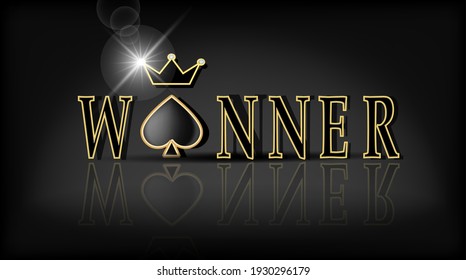 Winner banner. Spade suit badge and crown with diamonds on a black background. Vector illustration for casino apps and websites