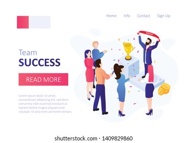 Winner banner. Success concept. Vector isometric template with succes people with confetti and trophy cup.