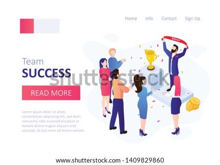Winner banner. Success concept. Vector isometric template with succes people with confetti and trophy cup.