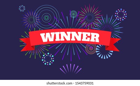 Winner banner, victory poster. Fireworks and celebration background. Vector illustration for winners of poker, cards, roulette and lottery.