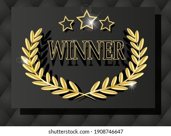 Winner banner. Win congratulations gold frame, wreath and gold stars. Lottery winners, game, jackpot, prize, logo, vector background illustration