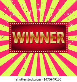 Winner banner. Win congratulations vintage frame, golden congratulating framed sign with gold confetti. Winners lottery game jackpot prize logo vector background illustration
