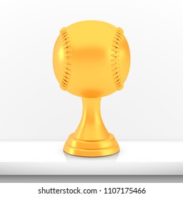 Winner baseball cup award, golden trophy logo isolated on white shelf table background, photo realistic vector illustration ball with reflection