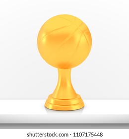 Winner basketball cup award, golden trophy logo isolated on white shelf table background, photo realistic vector illustration ball with reflection