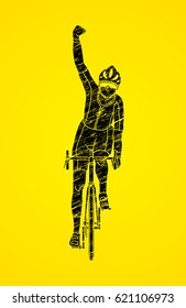 The winner Bicycle riding front view designed using grunge brush graphic vector.