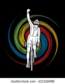 The winner Bicycle riding front view designed on spin wheel background graphic vector.