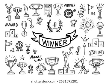 Winner big set. Hand drawn doodle illustration. Sports competition champion award. First place prize. Medal, cup, ribbon, podium. Victory, success. Vector line art collection of elements.