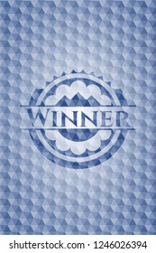 Winner blue emblem with geometric background.