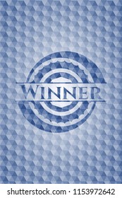 Winner blue hexagon badge.