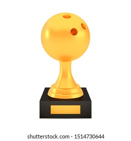 Winner bowling cup award on stand with empty plate, golden trophy logo isolated on white background, photo realistic vector illustration ball with reflection