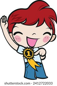 Winner boy celebrating, happy, vector