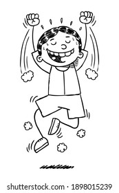 Chico ganador. Ilustración en blanco y negro dibujada a mano de un chico de recuperación.