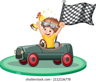 Winner Boy Holding Trophy In The Race Car Illustration