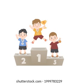 Winner boys be happy with trophy and medal standing on the winner podium on white background, illustration vector. Kids concept