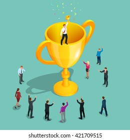 Winner business concept. Business success. Big trophy for micro businessmen. Flat 3d isometric vector illustration. For infographics and design. 