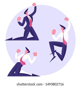 Winner Business Man Celebrating Victory or Successful Deal. Happy Manager in Smart Casual Wear Standing on Knees and Gesturing. Everyday Successful Worker with Arms Up Cartoon Flat Vector Illustration
