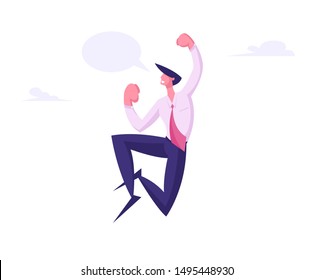 Winner Business Man Celebrating Victory or Successful Deal Jumping in Air with Yeah Gesturing and Empty Speech Bubble. Happy Manager Successful Worker with Arms Up. Cartoon Flat Vector Illustration