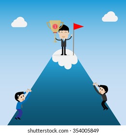 the winner businessman hold trophy in hand on top of the mountain 