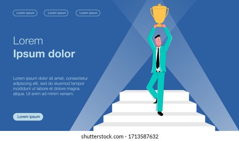 Winner. Businessman holds a cup over his head. Standing on the stairs. Spotlights shine. Business vector concept illustration.