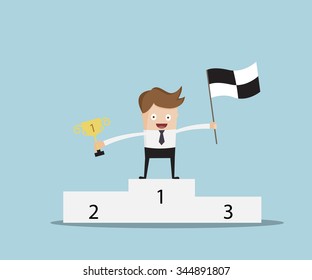 the winner, businessman standing on winning  number one podium with trophy and flag,business concept cartoon vector illustration