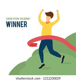 Winner businessman vector concept. Man running marathon and touch red stripe