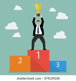 Winner businessman with winning trophy stand on a podium. Business success concept