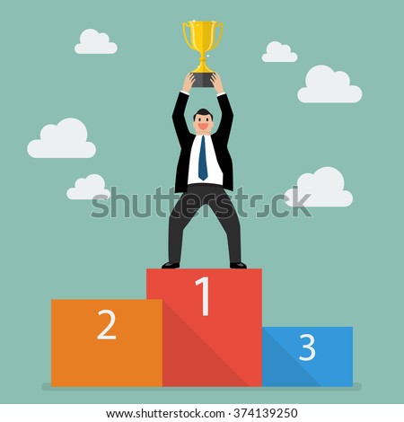Winner businessman with winning trophy stand on a podium. Business success concept