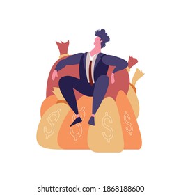 Winner businessmen flat composition with character of budinessman sitting on sacks of money vector illustration