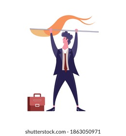 Winner businessmen flat composition with doodle style character of businessman holding flag vector illustration