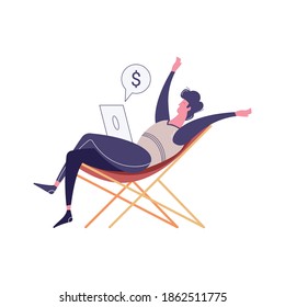 Winner businessmen flat composition with lounge chair and happy man with laptop and dollar sign vector illustration