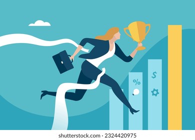 The Winner. Businesswoman achieves the goal. Tearing the finishing line. Business illustration