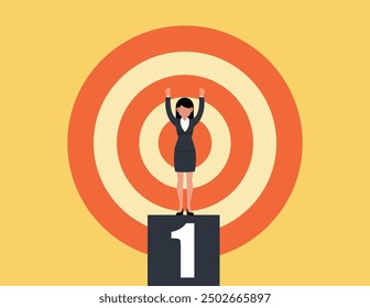 The Winner. Winner Businesswoman Raising Hands on Platform