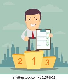 The winner, Cartoon human character holding a clipboard with green tick and Pencil. social media marketing concept. vector illustration in flat design on city background