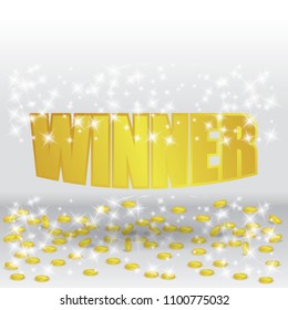Winner, casino banner with the winner inscription of gold and gold explosion of coins on a gray background, victory, vector illustration.EPS10