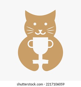 Winner Cat Logo Negative Space Concept Vector Template. Cat Holding Trophy Symbol